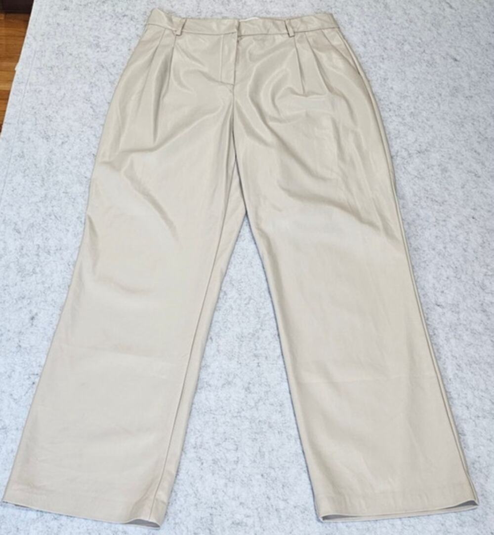 House of Harlow 1960 Vegan Faux Leather Pants, Pleats, High Waist, Cream, Sz 10